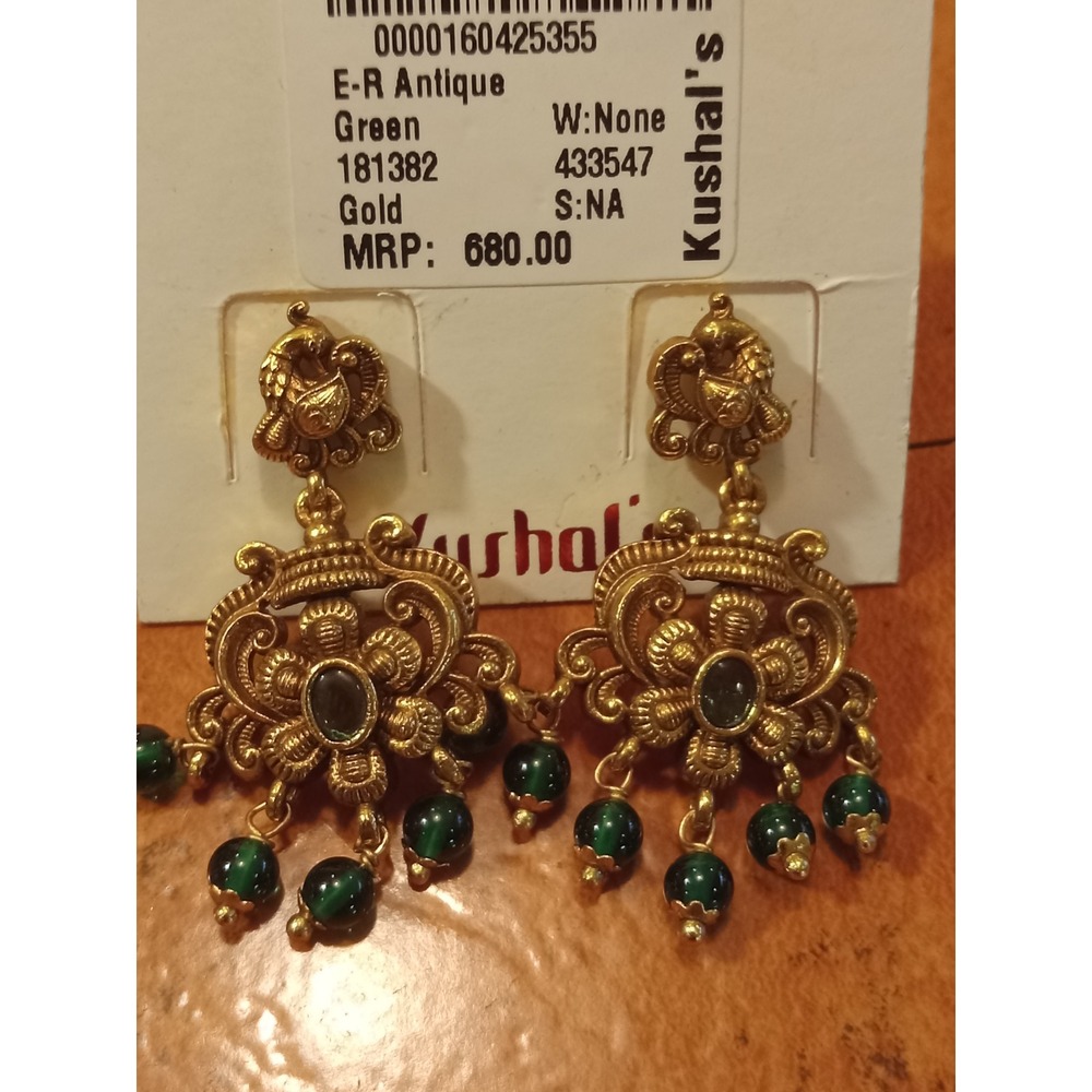 Kushals Antique Gold Green Bead Peacock Floral Drop Earrings Traditional Indian - Picture 2 of 4